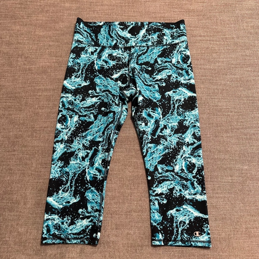 Champion Leggings Womens XL Teal Black Power Flex Abstract Water Print